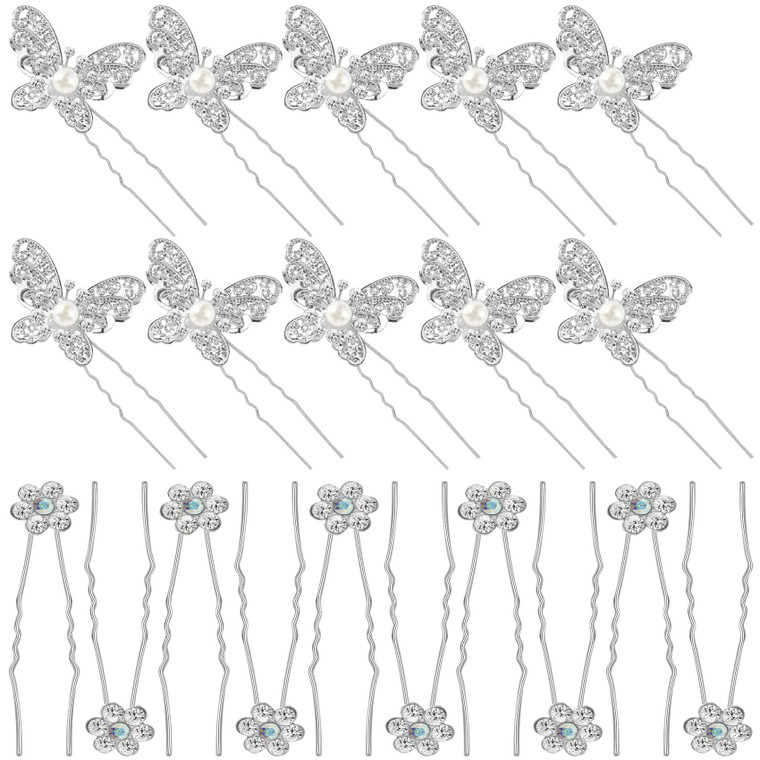 OIIKI 20 PCS Wedding Bridal Hair Pins, Pearl Butterfly U Shape Hair Clips, Rhinestones Flower Hair Pins, Decorative Hair Accessories for Women Girls
