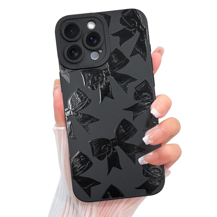 KANGHAR Compatible with iPhone 16 Pro Case Aesthetic Ribbons and Bows Designed for Women Girls, Slim Fit Soft TPU Shockproof Protective Cover - Black