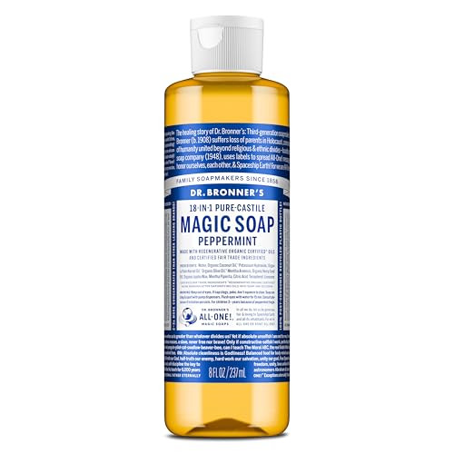 Dr. Bronner's Pure-Castile Magic Liquid Soap (Peppermint, 8 Ounce)- Made with Organic Oils, 18-in1 Uses: Face, Hair, Hand & Body Soap, Laundry, Pets-