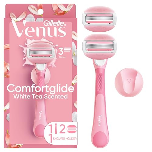 Gillette Venus ComfortGlide Razor for Women, White Tea Scented Gel Bars, Includes 1 Reusable Razor Handle + 2 Refills, Built-in Shave Gel Bars, Holid