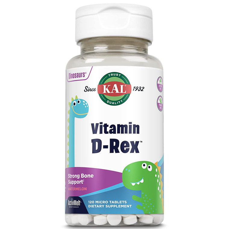 KAL Vitamin D-Rex, Kids Vitamin D, Natural Watermelon Flavor Instant Dissolve Melts, Immune, Heart, Bone, and Oral Health Support, 120 Servings, 120