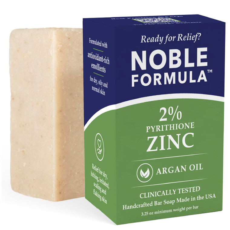 Noble Formula Zinc Bar Soap, Olive Oil and Argan Oil 2% Pyrithione Zinc (ZnP) for All Skin Types Including Those With Acne, Psoriasis and Eczema, 3.2