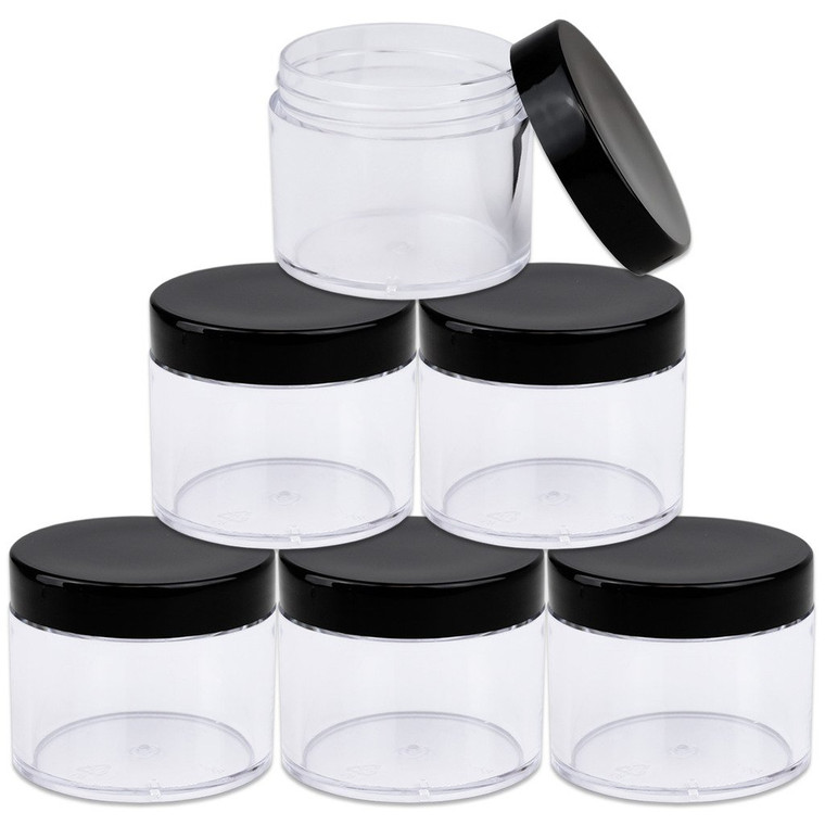 Beauticom 60 Grams/60 ML (2 Oz) Round Clear Leak Proof Plastic Container Jars with Black Lids for Travel Storage Makeup Cosmetic Lotion Scrubs Creams