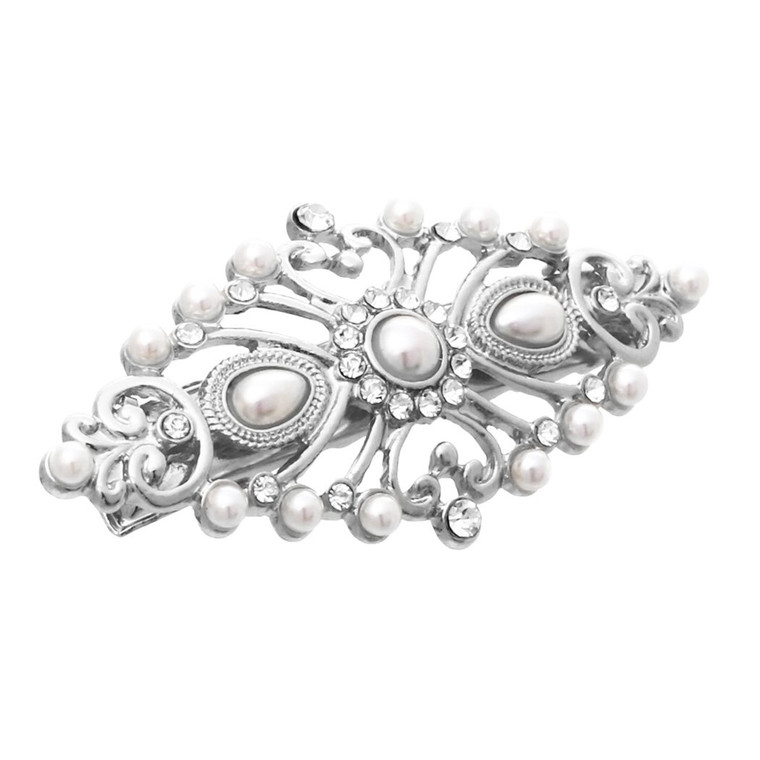 Rosemarie Collections Women's Stunning Antique Style Headpiece Glass Crystal and Simulated Pearl Hair Clip Barrette, 2.25" (Silver Tone)
