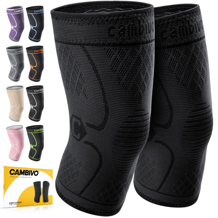 CAMBIVO 2 Pack Knee Braces for Women & Men, Knee Compression Sleeves for Knee Pain Relief, Knee Support with Non-Slip Silicone, Breathable, for Runni