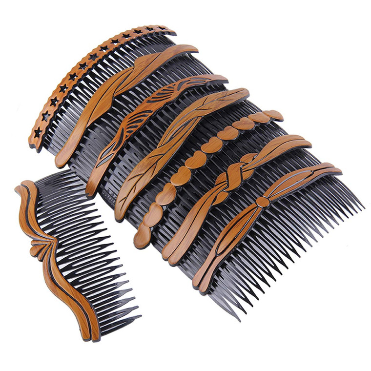 8Pcs Plastic Wood Grain Hollow Hair Side Combs Retro Hair Comb Pin Clips Headdress with Teeth for Lady Women Girls Hair Styling Accessories[comb size