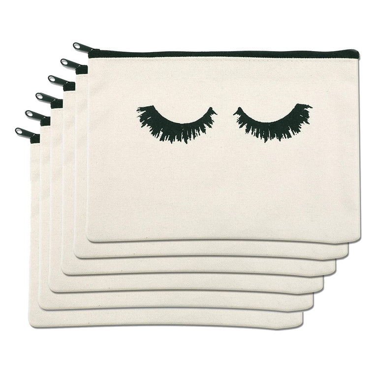 PHOGARY 6PCS Canvas Makeup Pouch, Cosmetic Bag Bulk Travel Make Up Pouch Toiletry Case with Zippered Pocket for Women (Eyelash Pattern) Cream