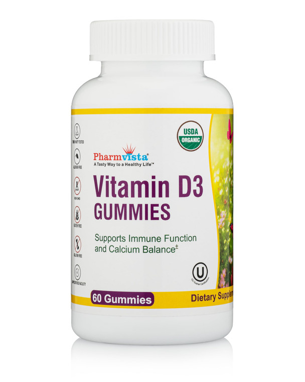 Pharmvista Vitamin D3 Gummies-Tasty Gelatin-Free Gluten-Free Way to take Your Sunshine Vitamin (60 Count Cherry Flavor)