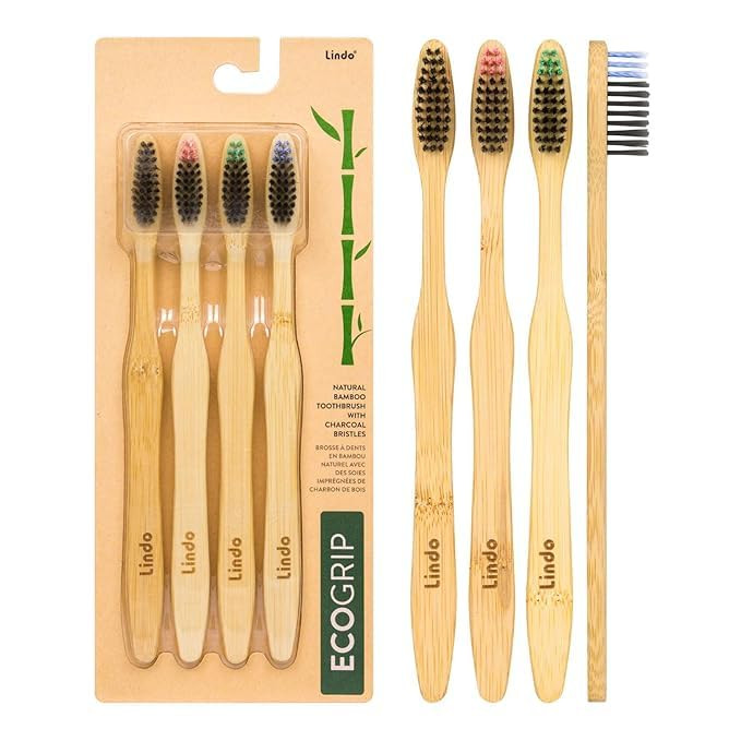 Lindo EcoGrip Charcoal Infused Bamboo Toothbrush - Soft German Made Fiber Bristles, Organic and Recyclable, Multi-Colored - Pack of 4