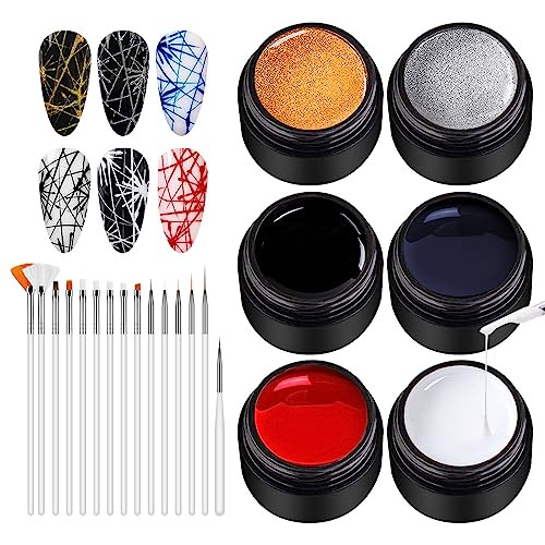 Ownest 6 Colors Spider Gel, Matrix Gel with Gel Paint Design Nail Art Kit Wire Drawing Nail Gel for Line, Soak Off UV LED DIY Manicure Nail Art Decor