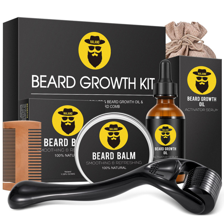 Beard Growth Kit - Beard Kit for Men with Beard Growth Oil (2oz), Beard Balm, Beard Comb, Massager for Spot/Patchy Beard - Christmas, Anniversary, Bi