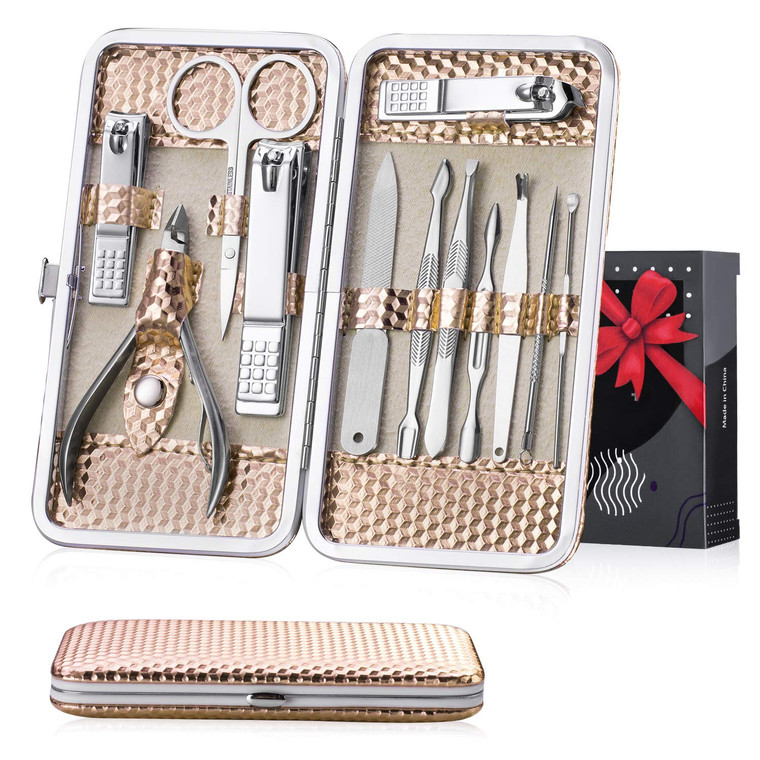 Nail Grooming Kit 12 Pieces - Nail Care Kit for Women Stainless Steel, Professional Hand, Foot & Nail Tools with Luxurious Travel Case. Compact 6x3 (