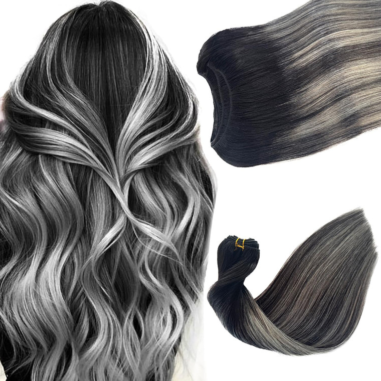 Ubetta Hair Extensions Brown to Ash Blonde Highlights Clip in Human Hair Extensions 7 pcs Remy Skin Weft Clip in Extensions 100Gram 14" PU Weft Invis