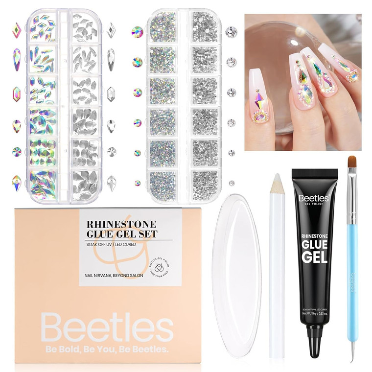 Beetles Gel Polish Nail Glue with Nail Gems Set, 15ml Nail Rhinestone Glue &120+2000Pcs Crystal Glass AB Rhinestones For Nails art, Nail Gems with Do