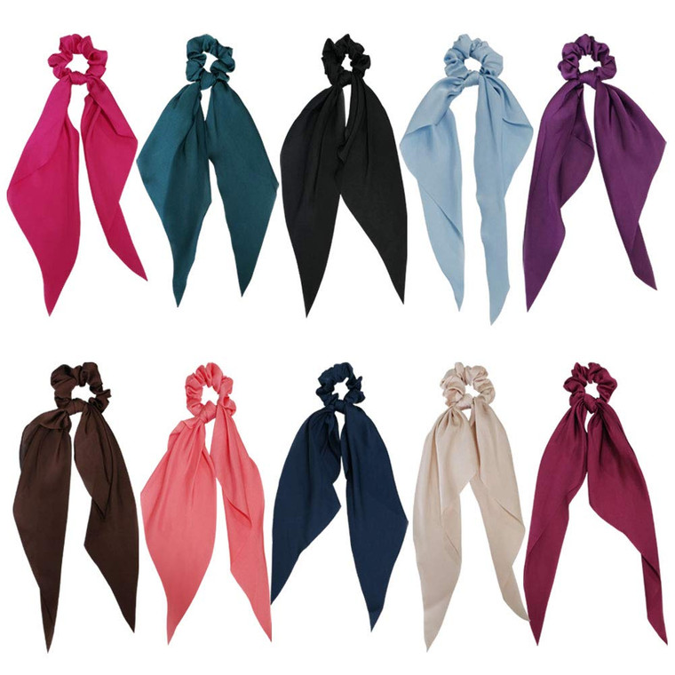 GETACOTA 10 Pieces Hair Scrunchies Bowknot Satin Chiffon Long Tail Elastics Ribbon Ear Bow Pattern Colors Scrunchy Scarf Scrunchie Vintage Ponytail H