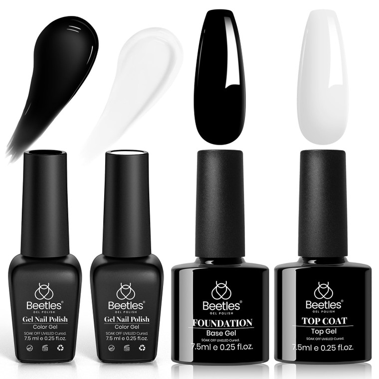 Beetles Black White Gel Polish Set - 4Pcs Gel Polish Kit Black White Colors Gel with No Wipe Top & Base Coat Nail Kit Soak Off UV LED Lamp Manicure S