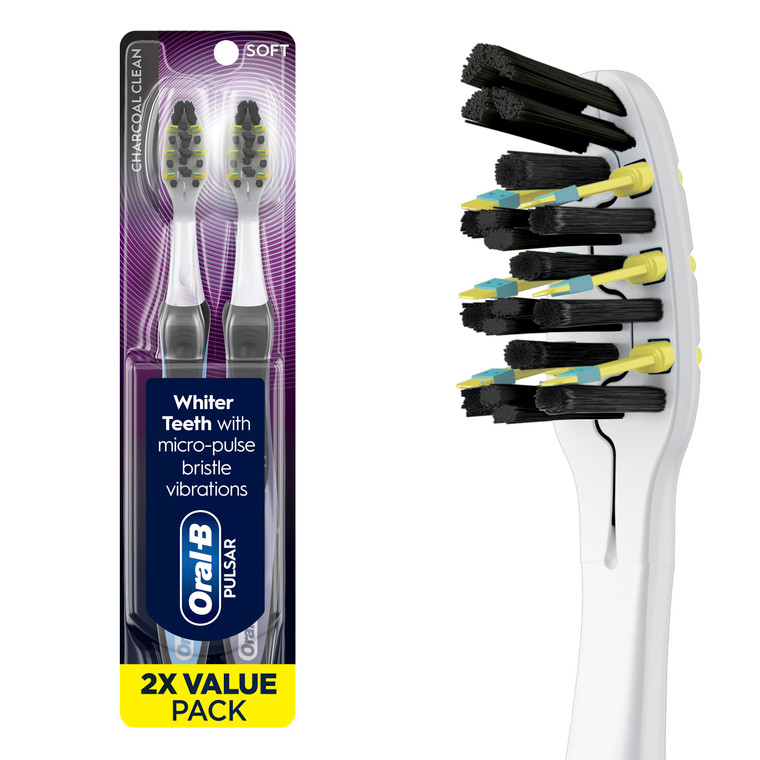 Oral-B Pulsar Charcoal, Battery Electric Toothbrush, 2 Count Soft Toothbrush Pack, removes Plaque, Travel Essentials Tooth Brush