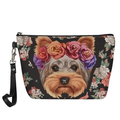 Howilath Floral Yorkie Terrier Dog Trapezoid Makeup Bag Women Travel Shopping Clutch Bag Portable Cosmetic Bag