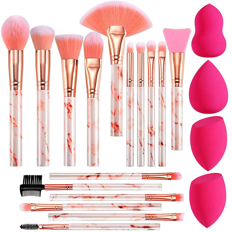 DUAIU Professional Makeup Brushes Set 16PCS Marble Handle with 4PCs Sponge Blenders Foundation Brushes Eyeshadow Brush Lip Brush Silicone Face Mask B