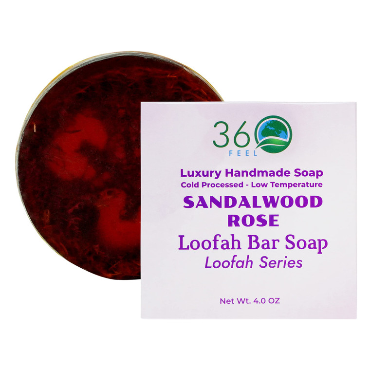 360Feel Sandalwood Rose Loofah Bar Soap - Luxury Handmade Soap, Vegan & Cruelty-Free - Cleanse, Exfoliate & Nourish - Pamper Yourself or Gift to Love