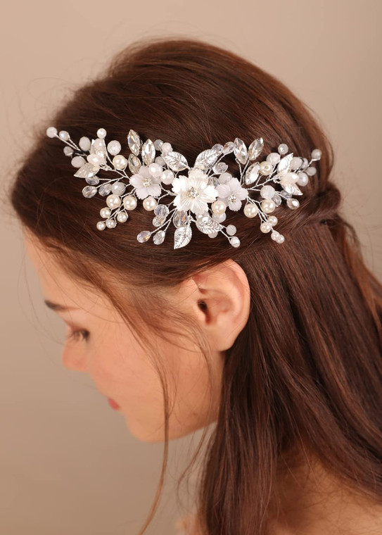 Kercisbeauty Wedding Bridal Side Hair Piece Pearl and Leaf Vintage Headband for Women and Girls Bridal Shower Photoshoot Hair Jewelry (Silver)