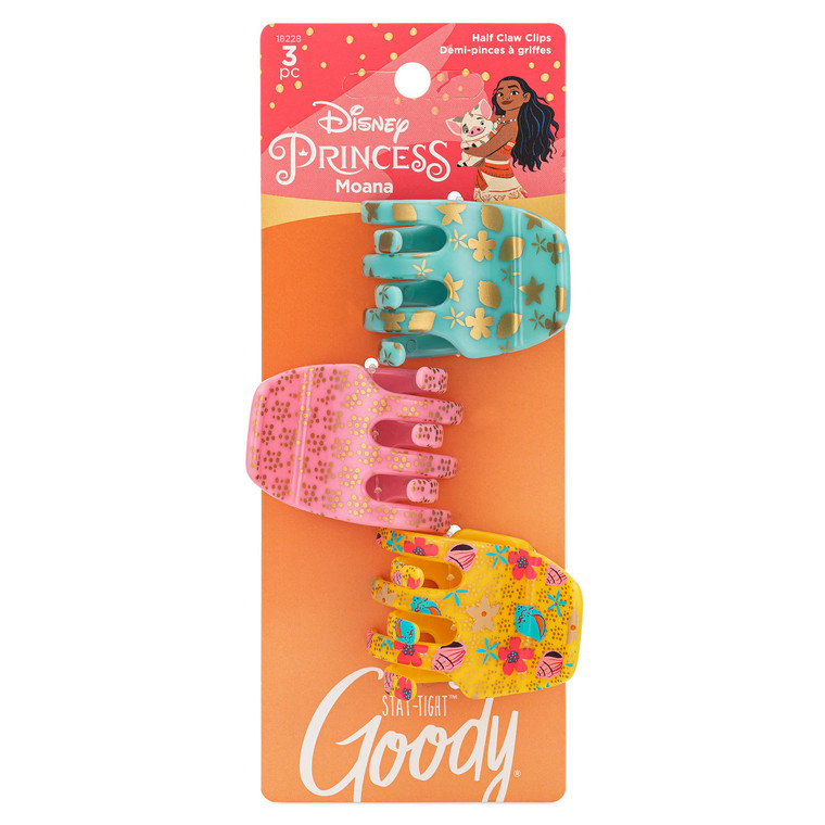 GOODY Classics Half Claw Clips - 3-Pack, Disney Princess, Moana - Great for Easily Pulling Up Your Hair - Pain-Free Hair Accessories for Women, Men,
