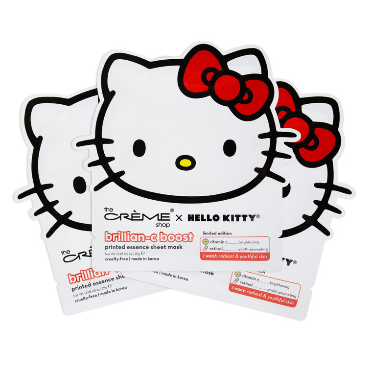 The Crème Shop x Hello Kitty Brillian-C Boost Printed Essence Sheet Mask, Vitamin C and Retinol Face Mask - 3 Pack