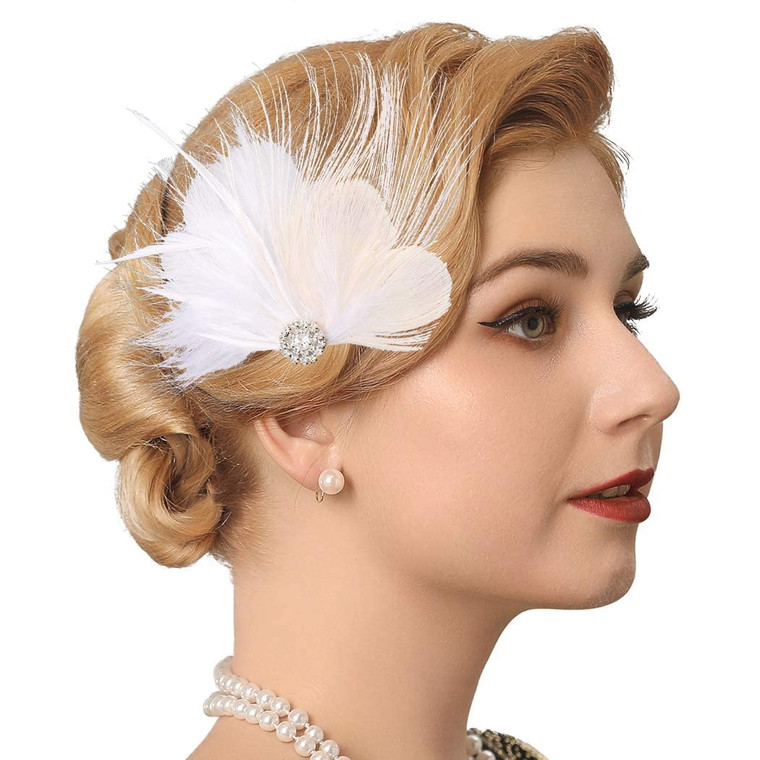 GENBREE White Feather Hair Clip 1920s Hair Accessories Fascinator Headpiece for Women