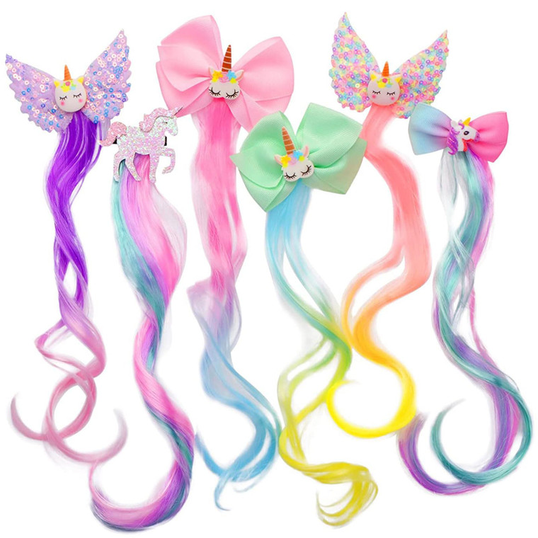 Ideal Swan 6 Set Unicorn Hair Extensions Clip - Colorful Curly Hair Extensions for Girls, Cute Unicorn Accessories Hair Clips for Kids Ponytails, Rai