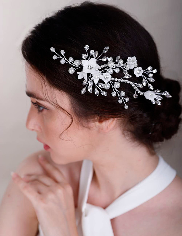 Chargances Bridal Rhinesotne and White Flower Hair Clips Wedding Pearl Crystal Barrette Silver Handmade Hair Accessories for Women and Girls Prom Bri