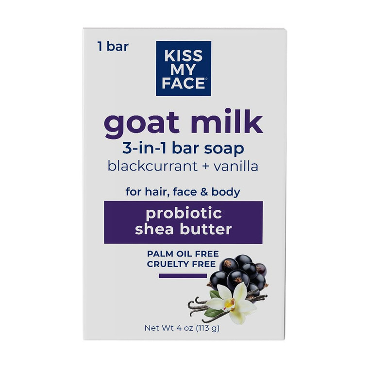 Kiss My Face Goat Milk 3-in-1 Bar Soap - Blackcurrant + Vanilla - Probiotic Bar Soap for Face, Hair, and Body with Shea Butter - Palm Oil-Free and Cr