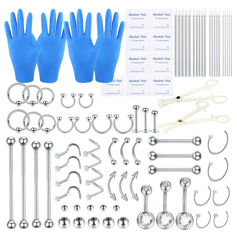BLZ 90PCS Piercing Kit Ear Nose Belly Eyebrow Piercing Needles 20G 18G 16G 14G 12G Stainless Steel Piercing Kit Piercing Clamps Gloves Piercing Tools