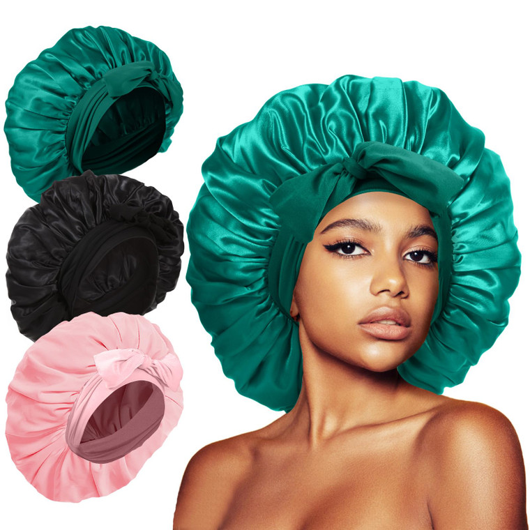3Pcs Bonnets Silk Bonnet for Sleeping, Extra Large Satin Hair Bonnets for Sleeping Black Curly Hair Women Jumbo Bonnet with Tie Band Braids