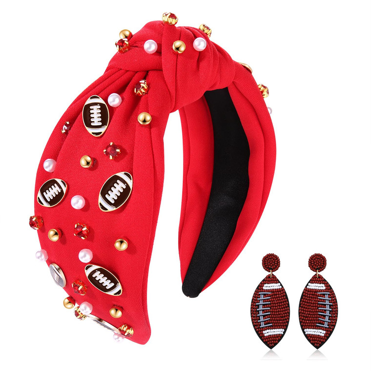 ZOLEAROPY Football Knotted Headband Rhinestone Crystal Wide Headband Red Football Beaded Dangle Earrings Game Day Hairband Hair Accessories Gift for