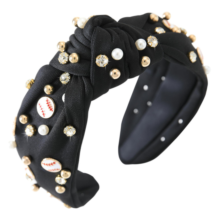 Gmmidea Baseball Headbands for Women Pearl Crystal Knotted Headband Bejeweled Baseball Charm Embellished Headband Wide Knot Sports Headpiece Game Day