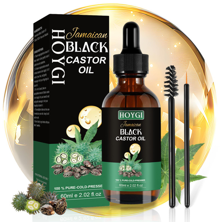 HOYGI Cold Pressed Black Castor Oil for Hair Growth, 2 Pack - with Biotin, and Caffeine and oils like Coconut , Rosemary, Argan, for Hair, Eyelashes,