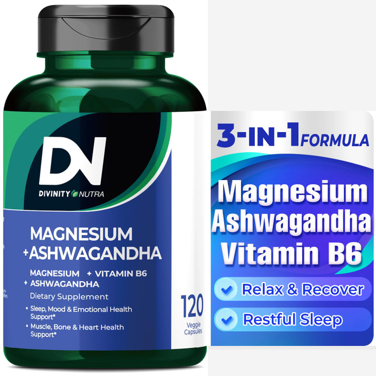 Divinity Nutra Magnesium Ashwagandha Supplement, Calming Magnesium Glycinate & Malate Vitamin B6 for Muscles Bone Health Support Muscle Recovery, Cal