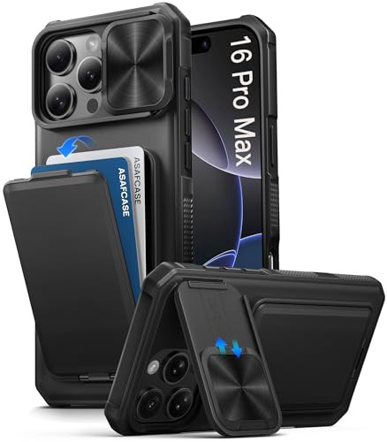ASAFCASE for iPhone 16 Pro Max Wallet Case with Card Holder & Kickstand & Slide Camera Cover, Military Grade Drop Protection, Shockproof Hard Back Ph