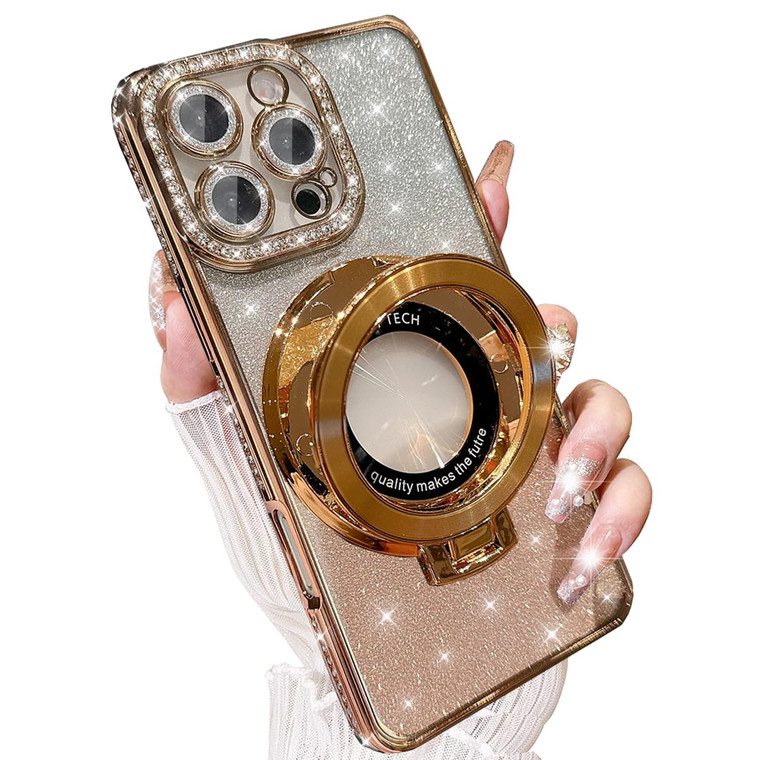 AuroiCCY Magnetic Ring Stand Glitter Case Cover for iPhone 16 Pro Max, (Compatible with Magsafe) Luxury Bling Diamond Rhinestones Cover with Camera L