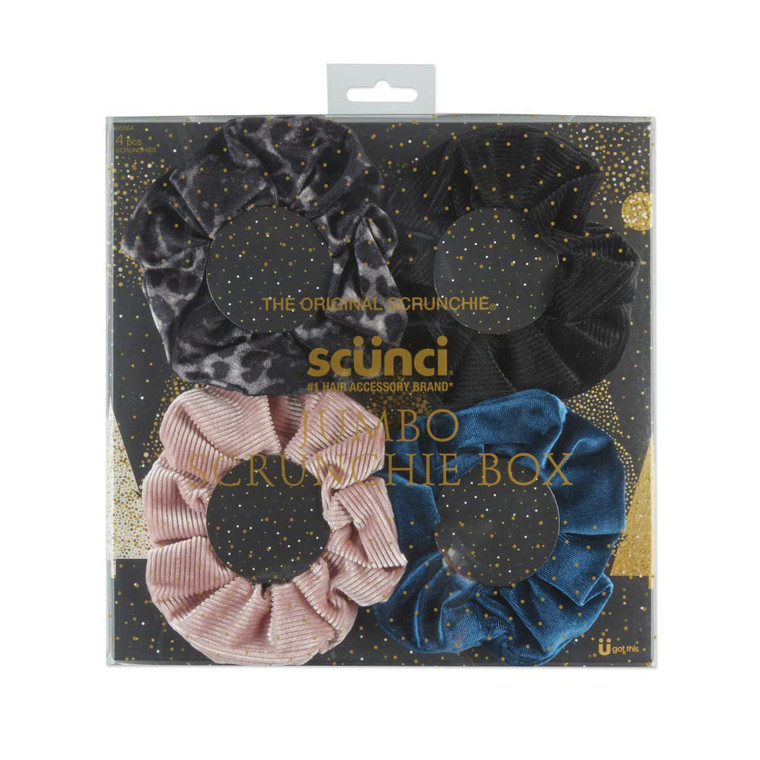 The Original Scrunchie® Luxury Velvet Gift Set Includes 4 Unique Scrunchies: Leopard, Black, Pink, Teal in Acrylic Presentation Box