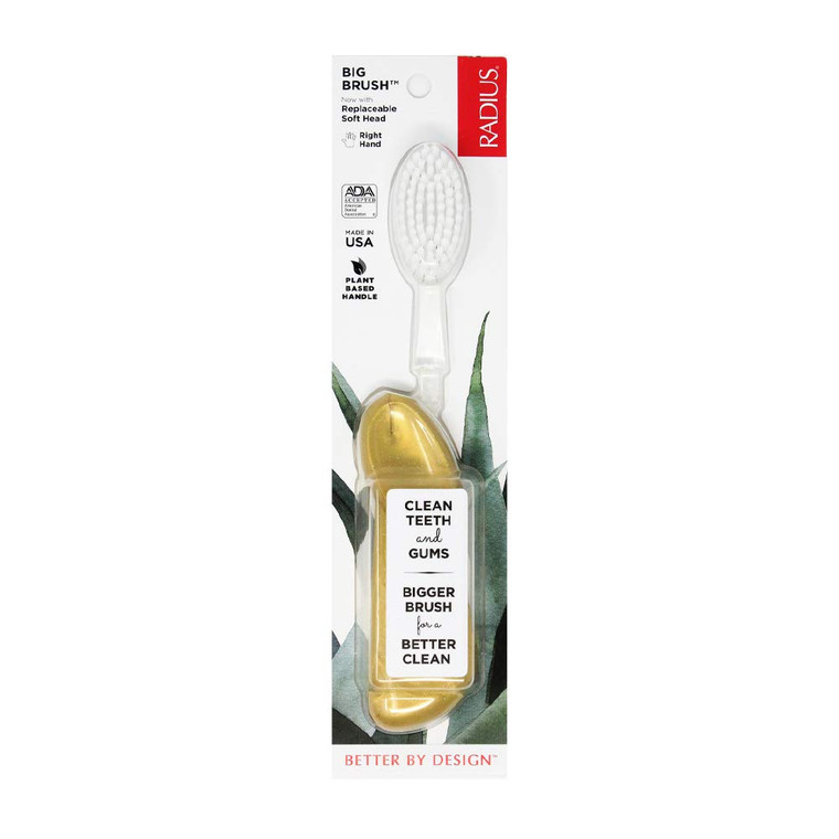 RADIUS Big Brush with Replaceable Head BPA Free & ADA Accepted Toothbrush Designed to Improve Gum Health & Reduce Gum Issues - Right Hand - Gold - Pa