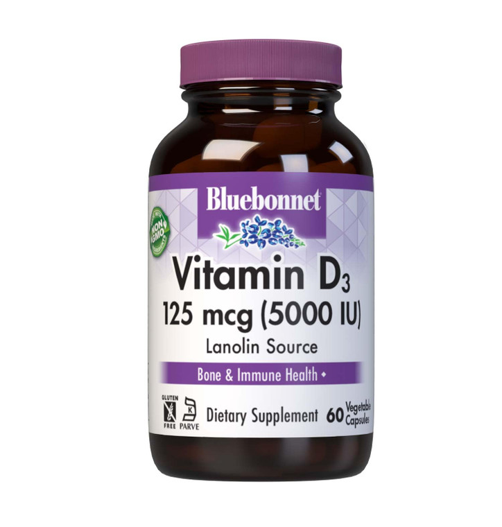 Bluebonnet Nutrition Vitamin D3 5000 IU Vegetable Capsule, Aids in Muscle & Skeletal Growth, Cholecalciferol from Lanolin, D3, Non GMO, Gluten Free,