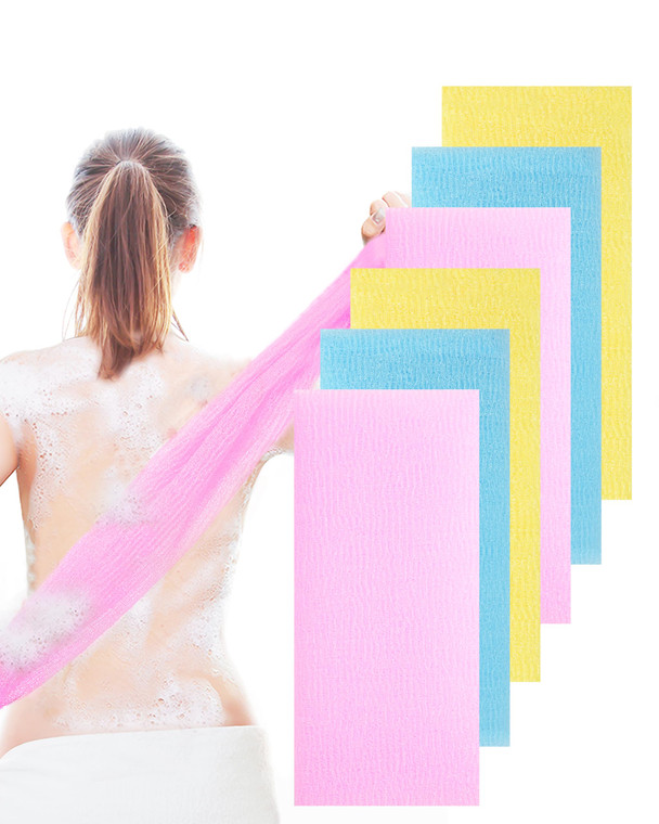 6 PCS Exfoliating Washcloth, 35 Inch 3 Colors Nylon Bath Exfoliating Towel for Shower, Colorful Japanese Washcloth, Exfoliating Body Scrubber (Blue,