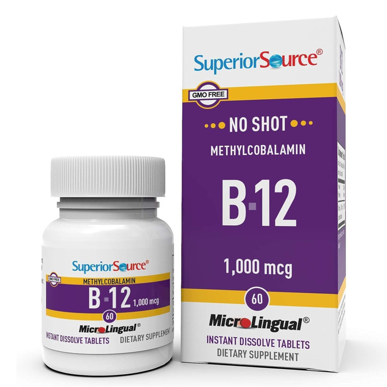 Superior Source No Shot Methylcobalamin B-12 1,000 mcg - Vitamin B-12 to Support Energy Production, Brain Health & Overall Wellness - Sublingual Tabl