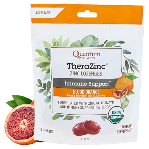 Quantum Health TheraZinc USDA Organic Blood Orange Zinc Lozenges For Adults and Kids, For Immune System Support, Individually Wrapped & Bagged, 18 Ct