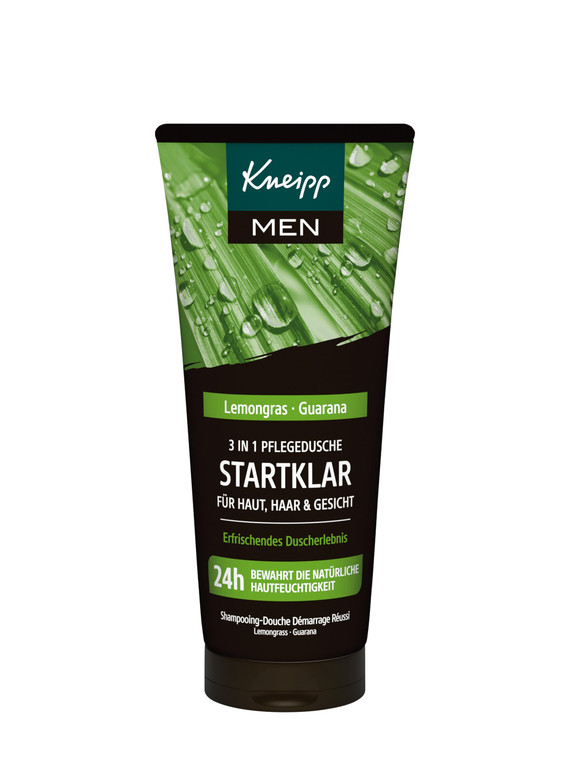 Kneipp MEN 3-in-1 Care Shower Gel Ready - Shower Gel for Men - For Skin, Hair & Face - With Essential Oils and Extracts of Lemongrass & Guarana - 200
