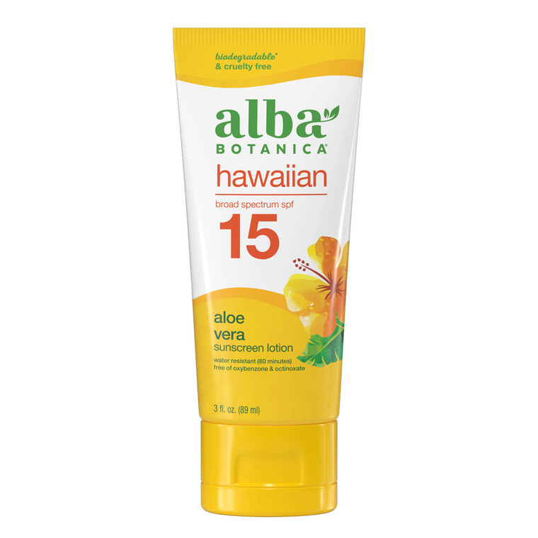 Alba Botanica Sunscreen for Face and Body, Hawaiian Aloe Vera Sunscreen Lotion, Broad Spectrum SPF 15, Water Resistant and Biodegradable, 3 fl. oz. B