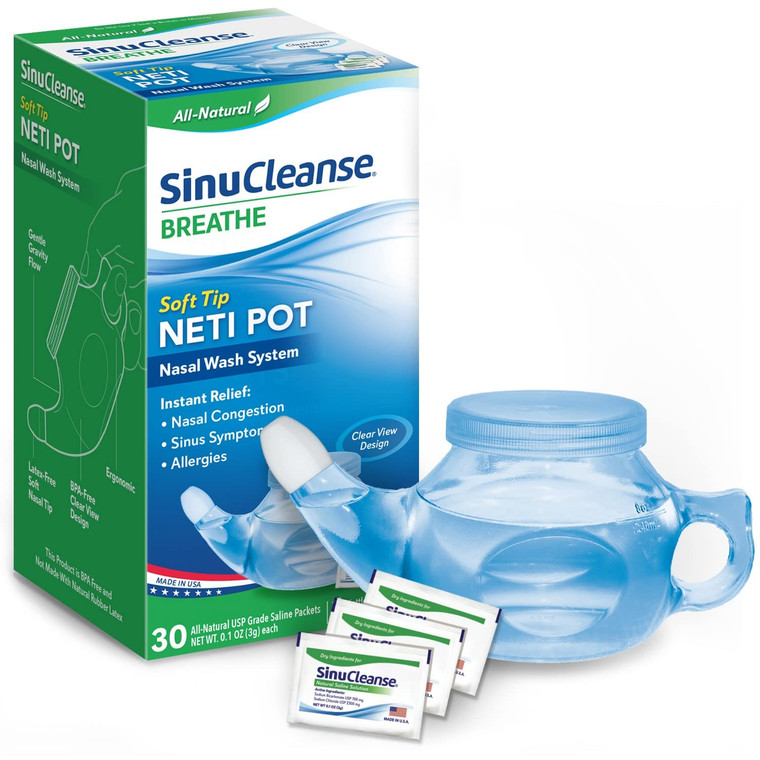SinuCleanse Soft Tip Neti Pot Nasal Wash System, Relieves Nasal Congestion Due to Cold & Flu, Dry Air, Allergies, 30 All-Natural Saline Packets, Made