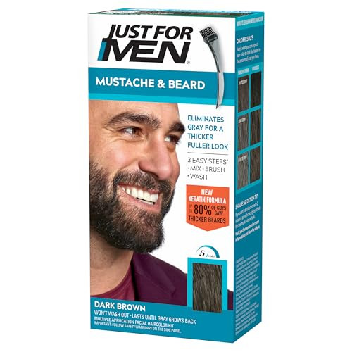 Just For Men Mustache & Beard, Beard Dye for Men with Brush Included, With Keratin Biotin Aloe and Coconut Oil for Healthy Facial Hair - Dark Brown,