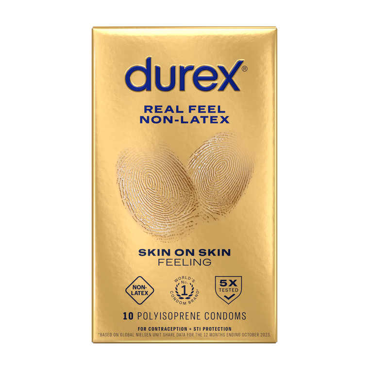 Durex Real Feel Non Latex Condoms, Lubricated Latex Free Condoms for Men, Natural Skin on Skin Feeling, 10 Count
